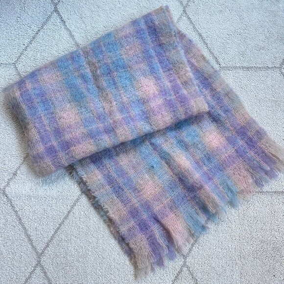 Vintage 60s Pastel Plaid Purple/Pink Fringe Mohair Wool Large 18x72 Rectangle Sc - Picture 2 of 5